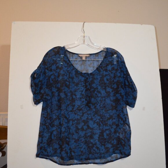 BANANA REPUBLIC Polyester Blue Black Floral Prints Buttons See-Through Blouse S - Picture 9 of 9